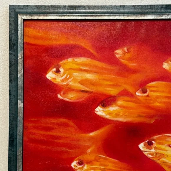 🆕 “Golden Harmony” School of Fish Original – 25.5”x26.5” Framed Oil on Canvas - Picture 7 of 16